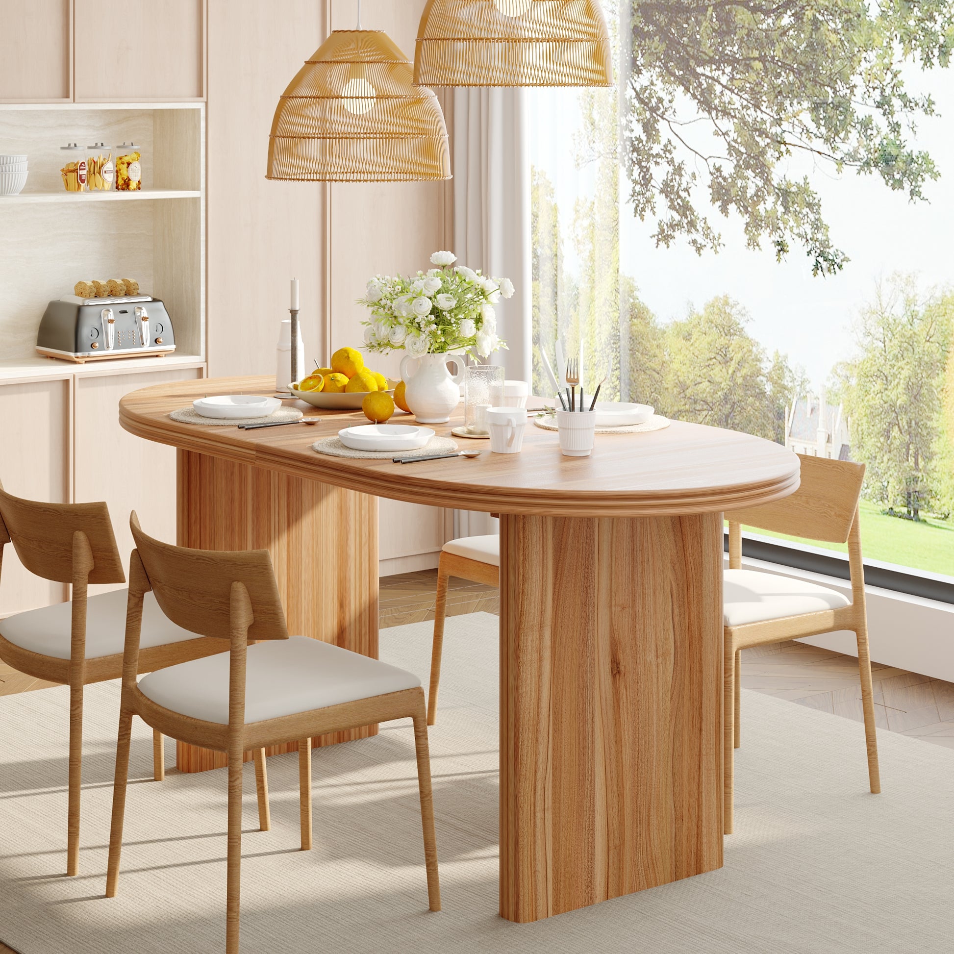 55.12"-70.87"Modern Extendable Dining Table with removable extension leaves,Mid-century modern style home table,Suitable for dining rooms, kitchens, and living rooms,Natural Walnut image 5