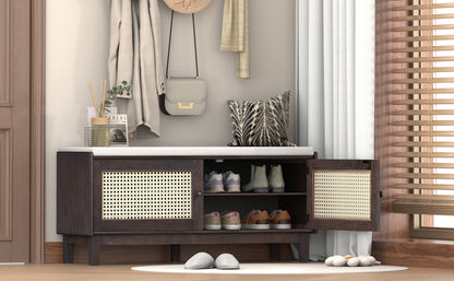 TREXM Boho Rattan Entryway Bench with Storage, Cushioned Shoe Bench with Double Doors, Wooden Shoe Organizer Bench for Entryway and Hallway (Espresso+Beige) image 2