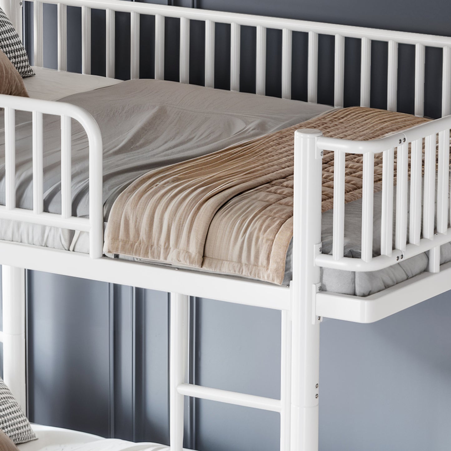 Queen over Queen Bunk Bed with Ladders & Guardrails, Metal Bunk Bed Frame with Upgraded Safety Round-Pipe Design, Can Transformed into 2 Platform Bed, White image 11
