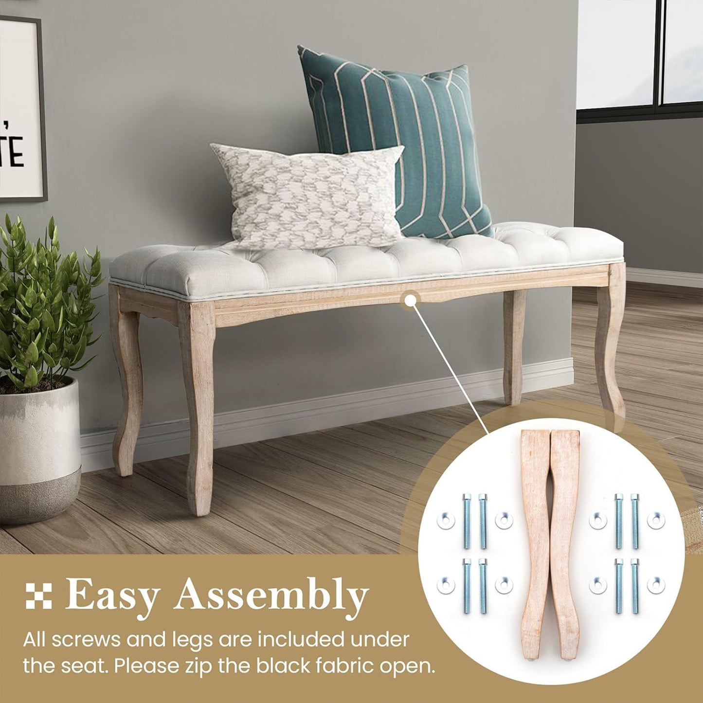 Bedroom Bench, French Vintage Tufted Entryway Bench, 43.3" Carving Upholstered End of Bed Bench with Distressed Wood Legs, Linen Ottoman Seat for Living Room, Foyer, Dining Room image 9