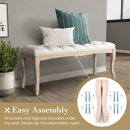 Bedroom Bench, French Vintage Tufted Entryway Bench, 43.3" Carving Upholstered End of Bed Bench with Distressed Wood Legs, Linen Ottoman Seat for Living Room, Foyer, Dining Room image 9