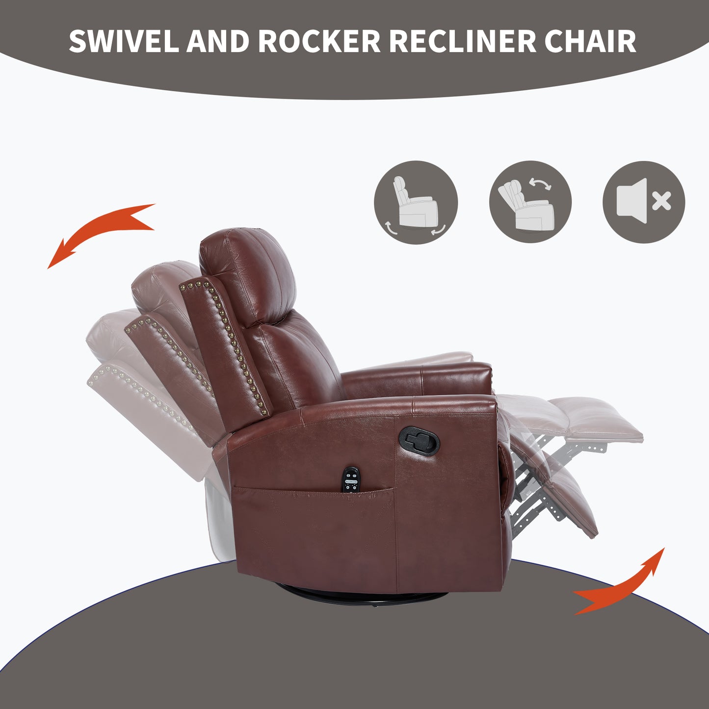 Wine Red Genuine Leather Heat Massage Manual Recliner Chair with Rocker and Swivel for Living Room image 5