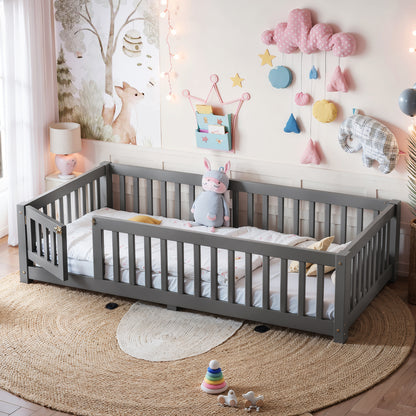 Twin Size Bed Floor Bed with Safety Guardrails and Door for Kids, Gray image 1