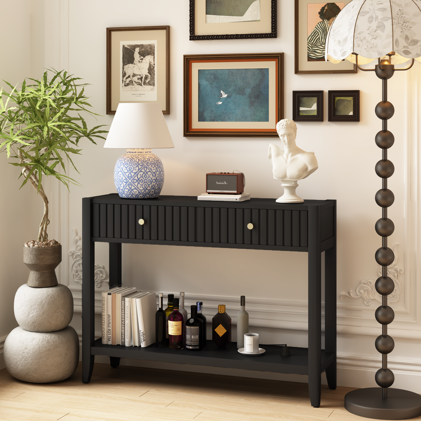 29.53" Tall Console Table with Drawers, Narrow Wood Accent Sofa Table Entryway Table with Storage Shelf for Entryway, Front Hall, Hallway, Living Room, Black image 1