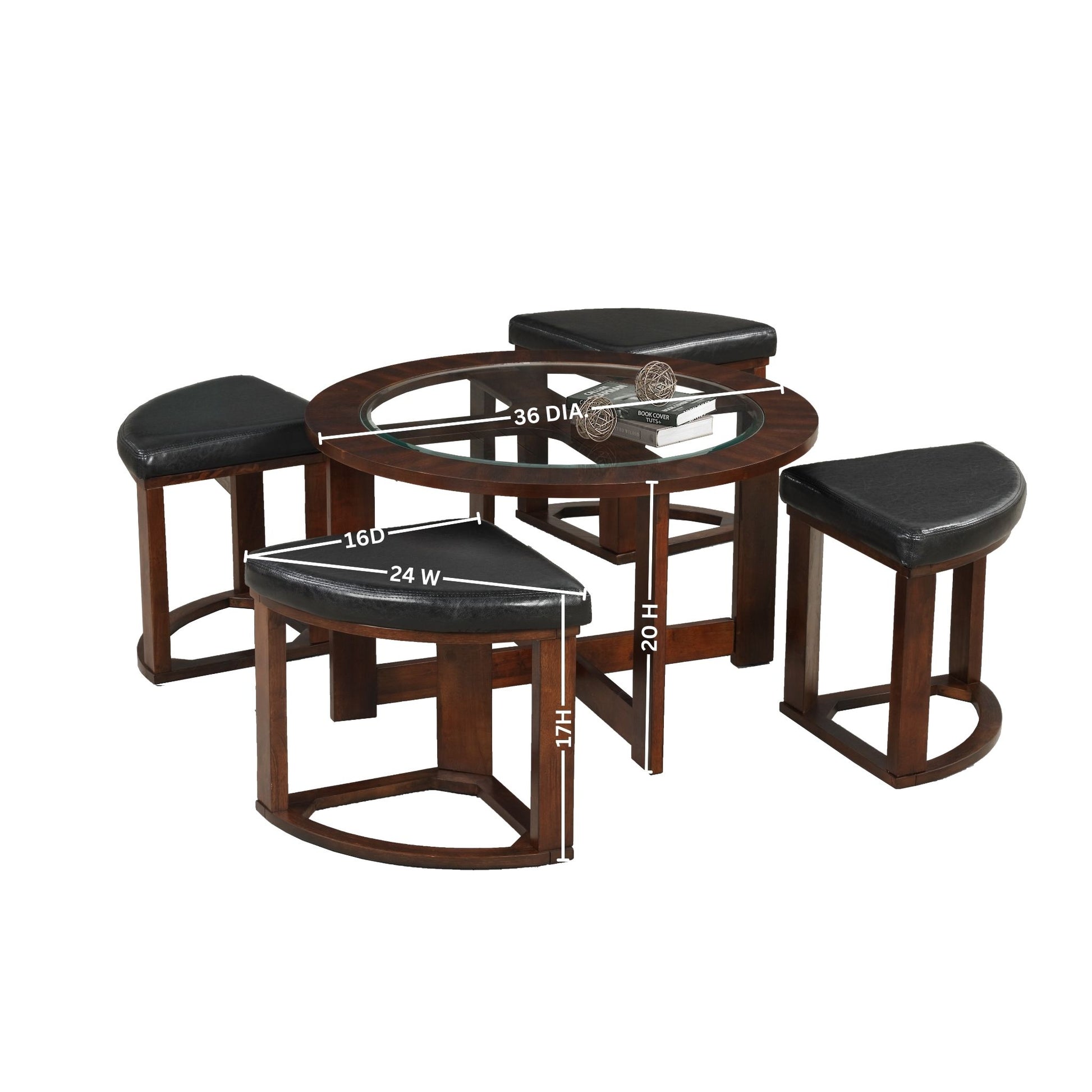 Cylina Solid Wood Glass Top Round Table Set, Coffee Table with 4 Stools image 3