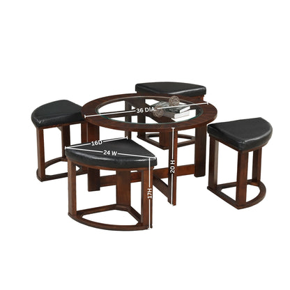Cylina Solid Wood Glass Top Round Table Set, Coffee Table with 4 Stools image 3