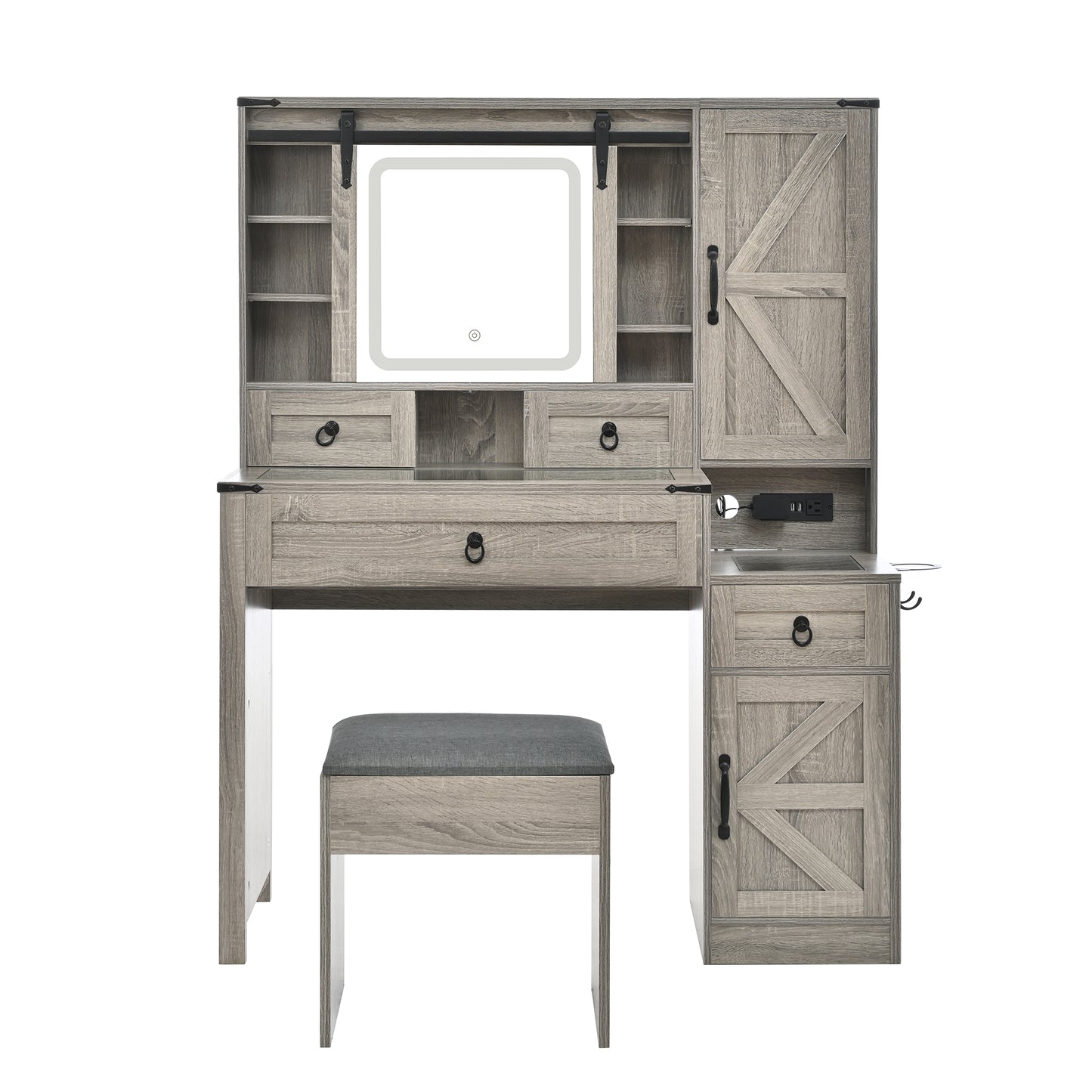 Farmhouse Vanity Desk with Sliding Mirror and Lights, Vanity Set with Glass Top and Charging Station,Dressing Table with 4 Drawers and 2 Cabinets, Dressing Table with Stool for Bedroom, Gray image 10
