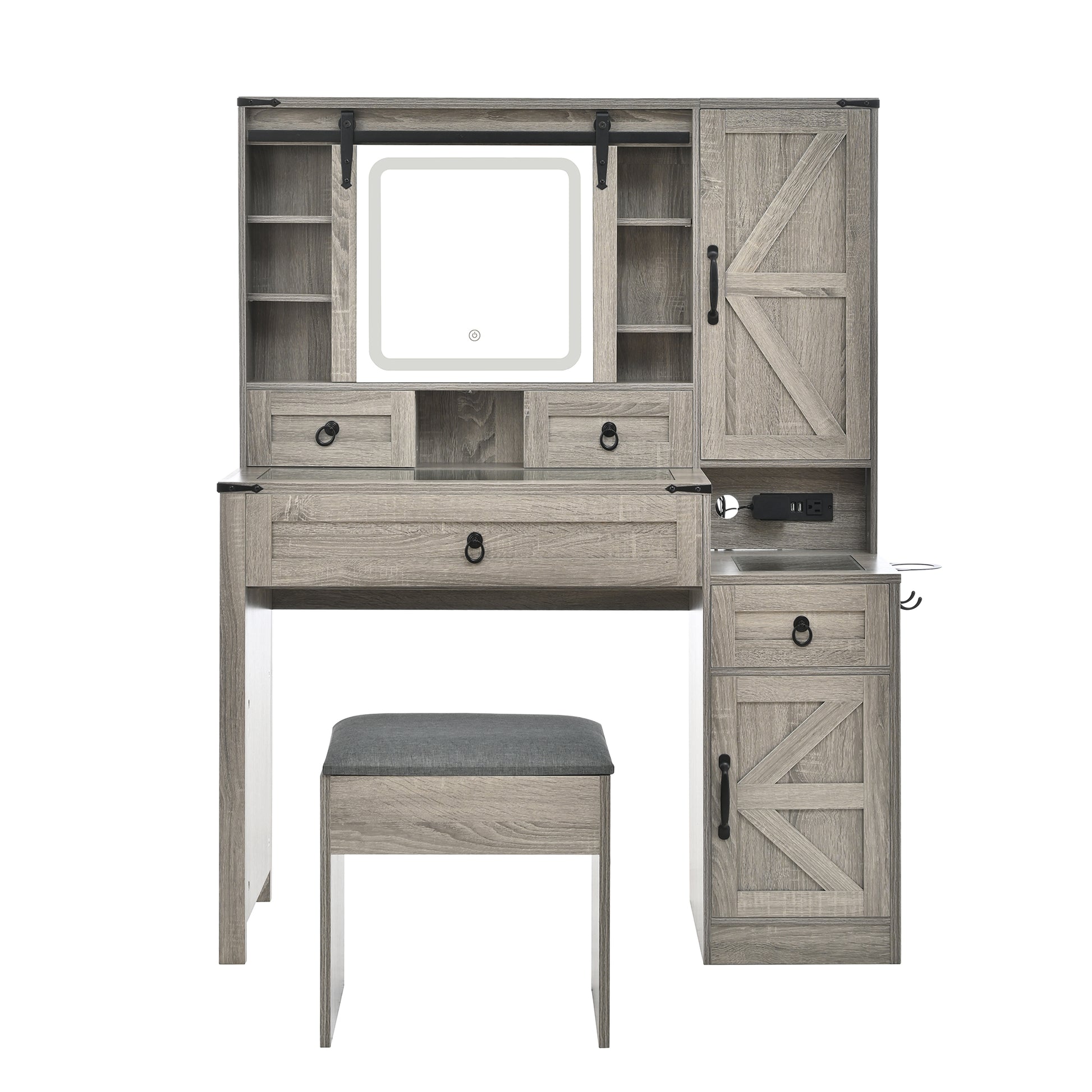 Farmhouse Vanity Desk with Sliding Mirror and Lights, Vanity Set with Glass Top and Charging Station,Dressing Table with 4 Drawers and 2 Cabinets, Dressing Table with Stool for Bedroom, Gray image 10