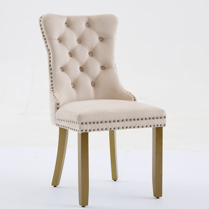 Mid-Century Modern Chairs with Lion Head Pull Ring,High-end Tufted Solid Wood Contemporary Velvet Upholstered Dining Chair with Golden Wooden Legs Nailhead Trim 2-Pcs Set,Beige,SW1201BG image 3