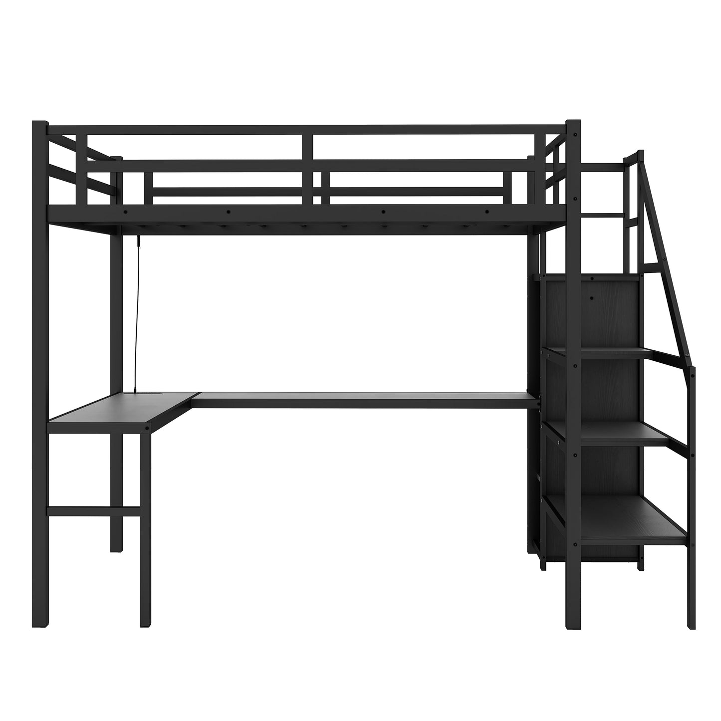 Twin XL Size Loft Bed with L-shaped Desk and USB, Metal Loft Bed with Wardrobe and Adjustable Shelf, High Loft Bed with LED for Kids Teens Adults, Black image 8