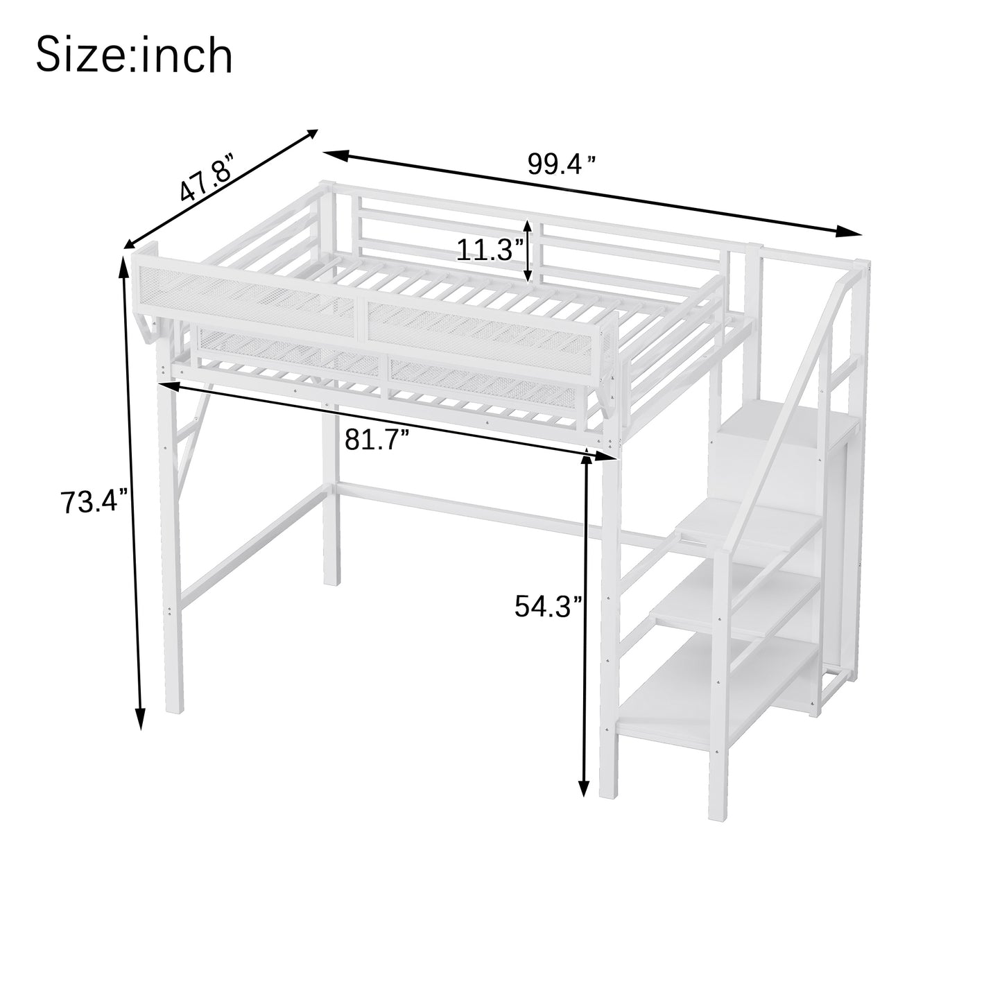 Twin XL Size Loft Bed with Stairs, Metal Full Loft Bed with Storage Shelves, High Loft Bed with Wardrobe for Kids Teens,White(Expect Arrival Date 2025/10/14) image 12