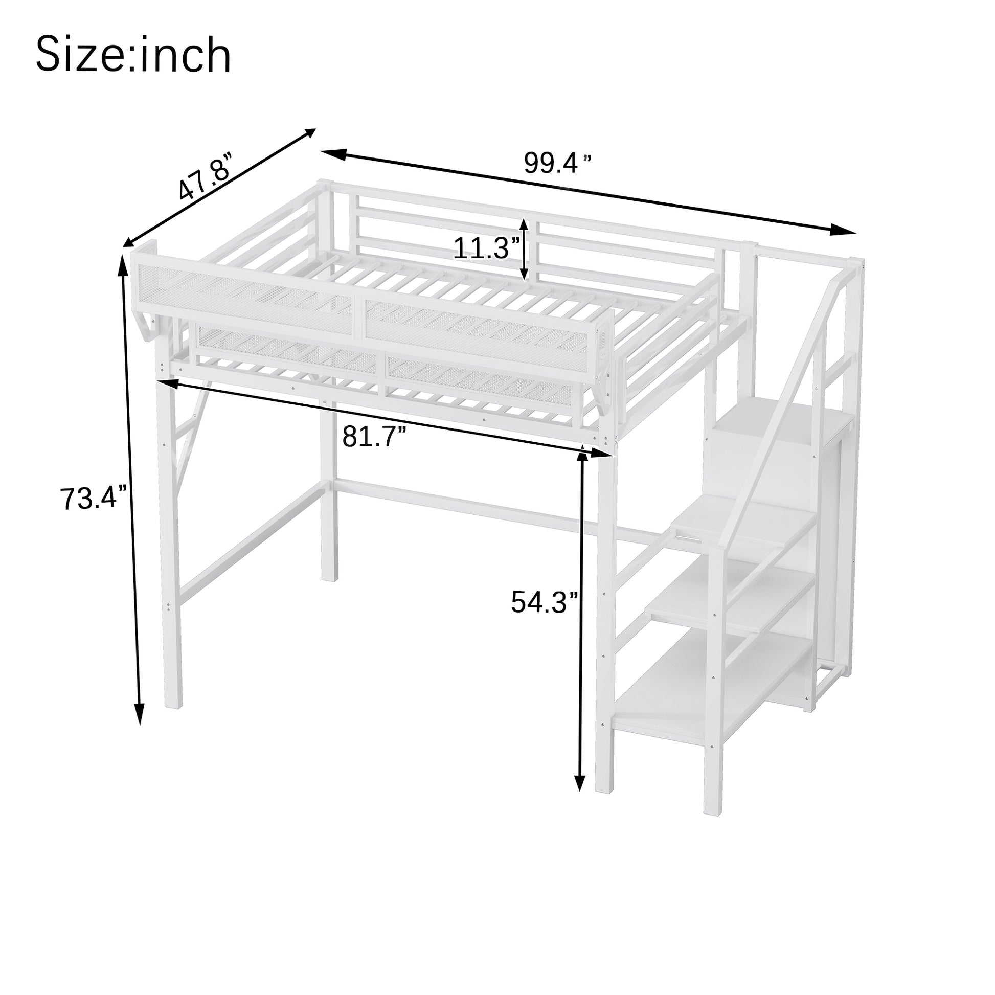 Twin XL Size Loft Bed with Stairs, Metal Full Loft Bed with Storage Shelves, High Loft Bed with Wardrobe for Kids Teens,White(Expect Arrival Date 2025/10/14) image 12