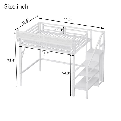 Twin XL Size Loft Bed with Stairs, Metal Full Loft Bed with Storage Shelves, High Loft Bed with Wardrobe for Kids Teens,White(Expect Arrival Date 2025/10/14) image 12