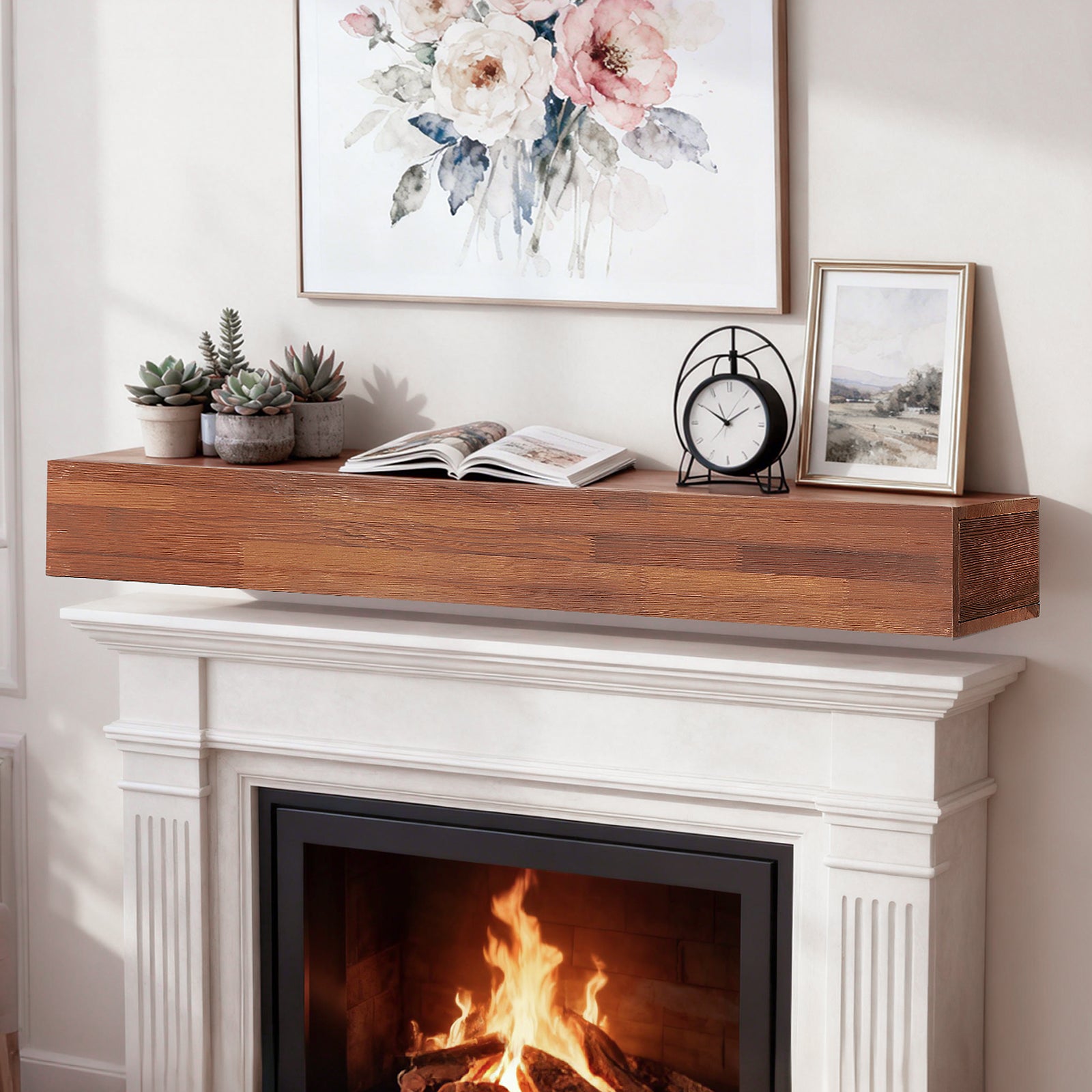 48" Rustic Wood Fireplace Mantel, Wall-Mounted & Floating Shelf for Home Decor image 1