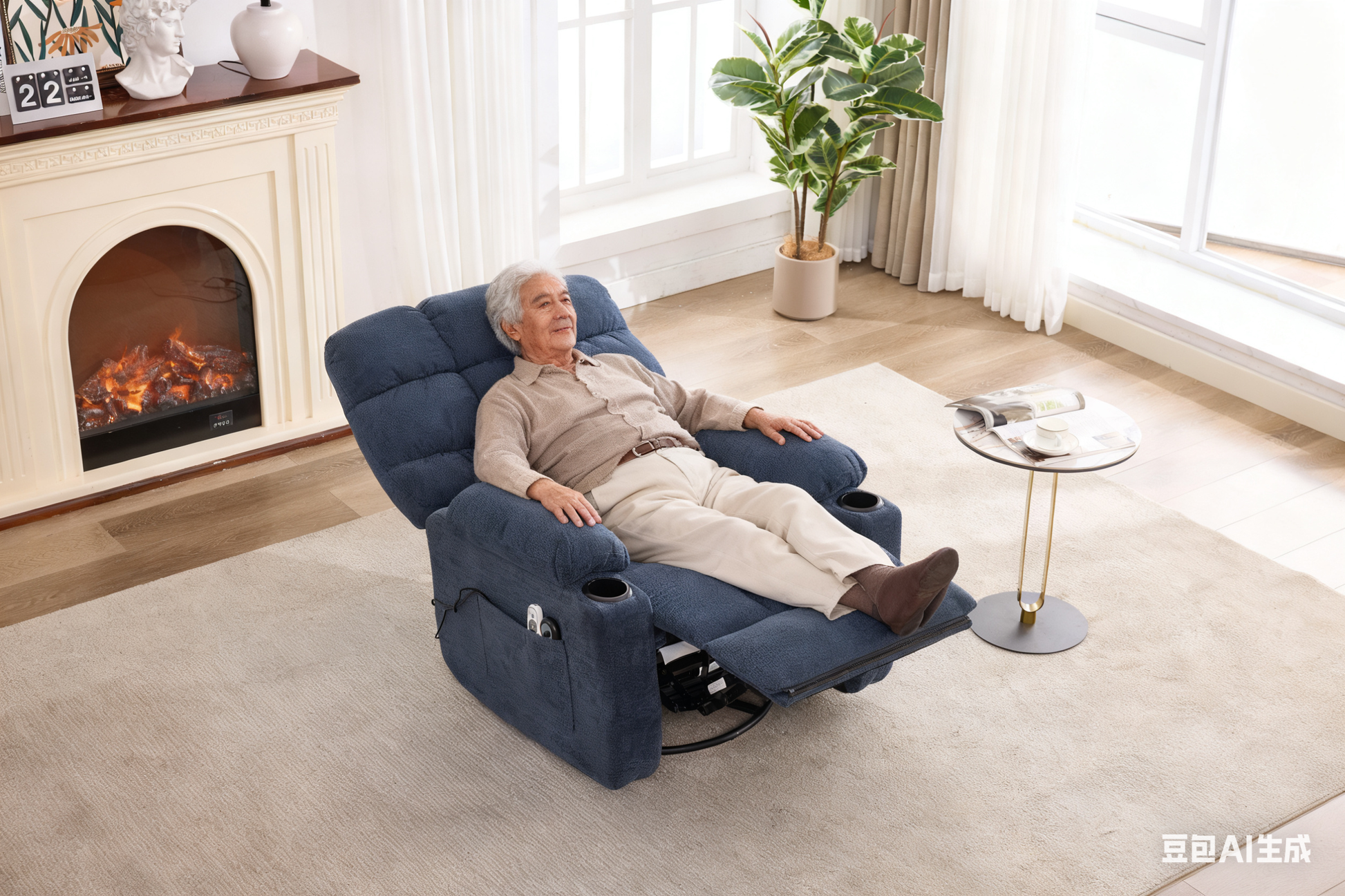 Heat Massage Electric Recliner Chair with Rocker and Swivel in Fabric for Living Room, Blue image 2
