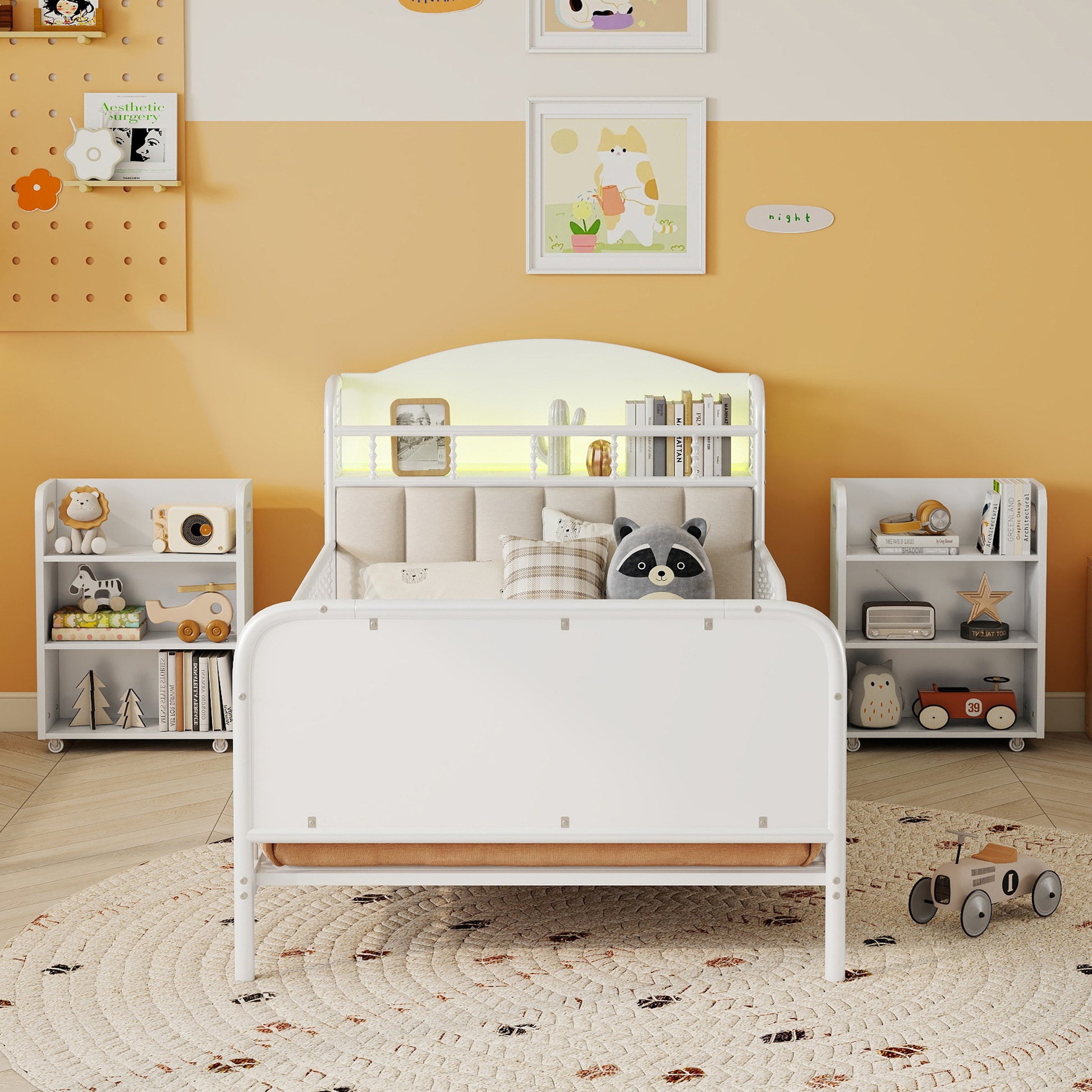 Twin Size Metal Platform Bed Frame with Light, Kids Twin Metal Bed with Upholstered and Pull Out Storage Shelves, White (Expect Arrival Date 2025/10/5) image 2