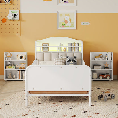 Twin Size Metal Platform Bed Frame with Light, Kids Twin Metal Bed with Upholstered and Pull Out Storage Shelves, White (Expect Arrival Date 2025/10/5) image 2