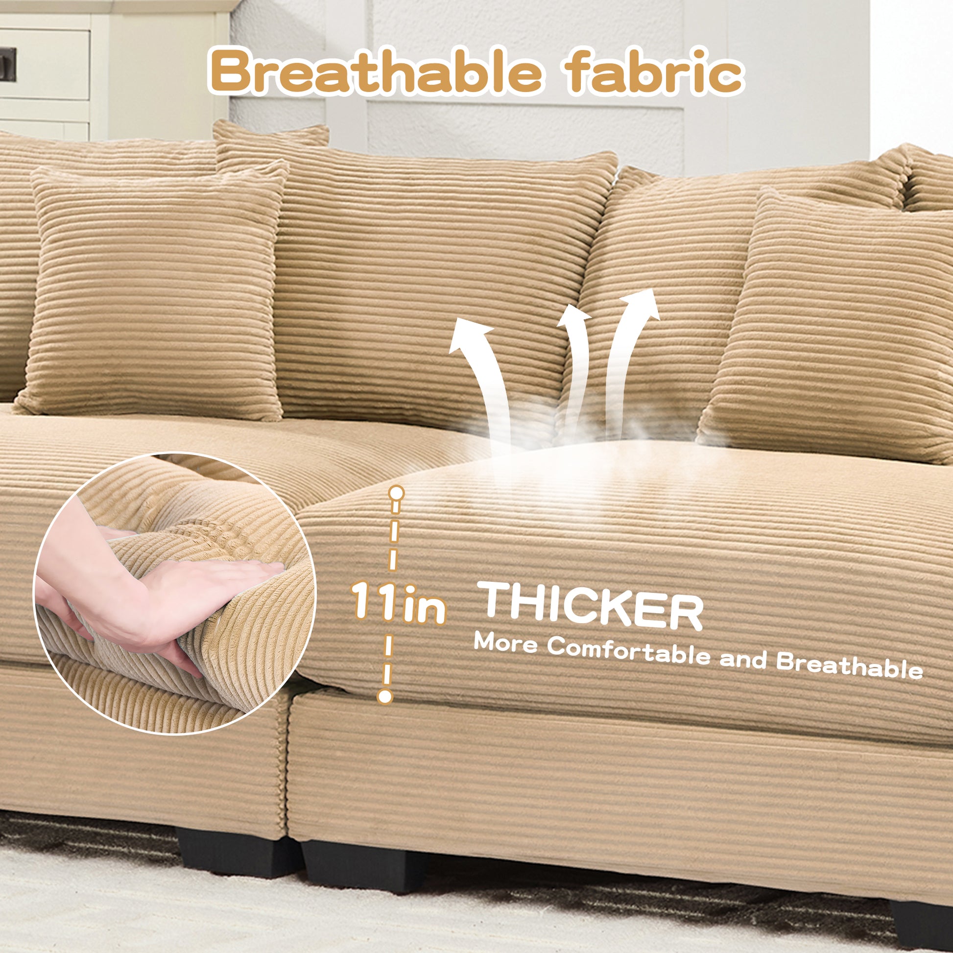 54.3" Oversized Cloud Modular Sectional Couch,Extra-Thick Armrests Good Resilience Cushions Ergonomic Design Premium Soft Corduroy Fabric,Easy Assembly For Living Rooms Study,Camel image 10