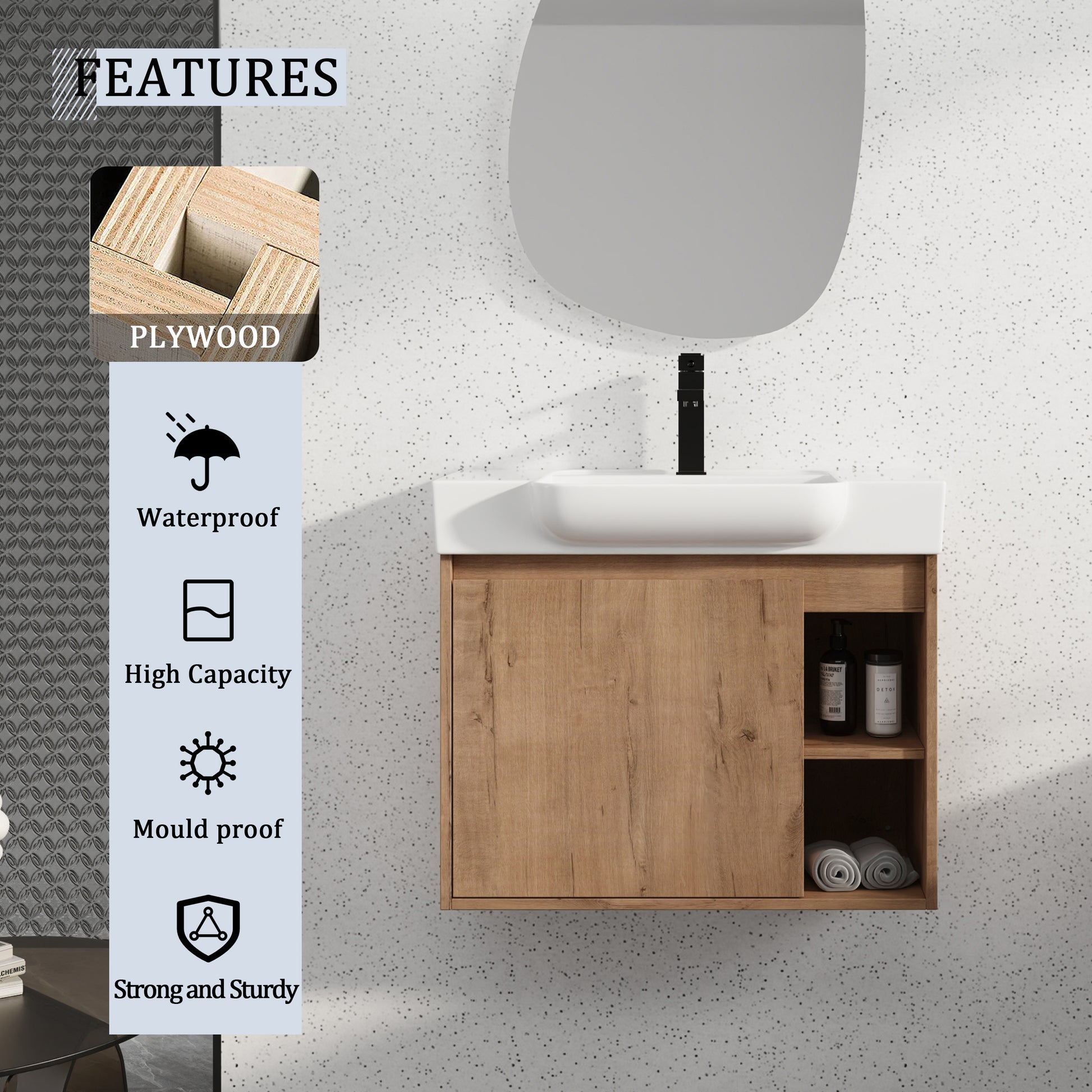 28'' Wall-Mounted Bathroom Vanity with White Ceramic Sink & Soft-Close Door, KD-Packing image 2