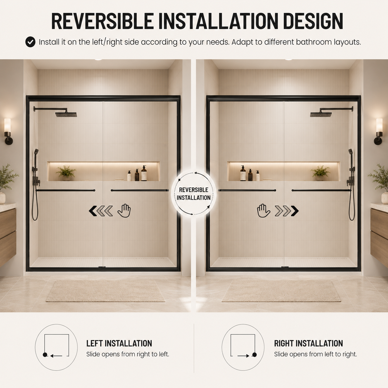 56-60" W x 72" H Framed Double Sliding Shower Door, 1/4" (6mm) Clear Tempered Glass with Safety Film and Nano Coating, Waterproof Seals, Matte Black image 3