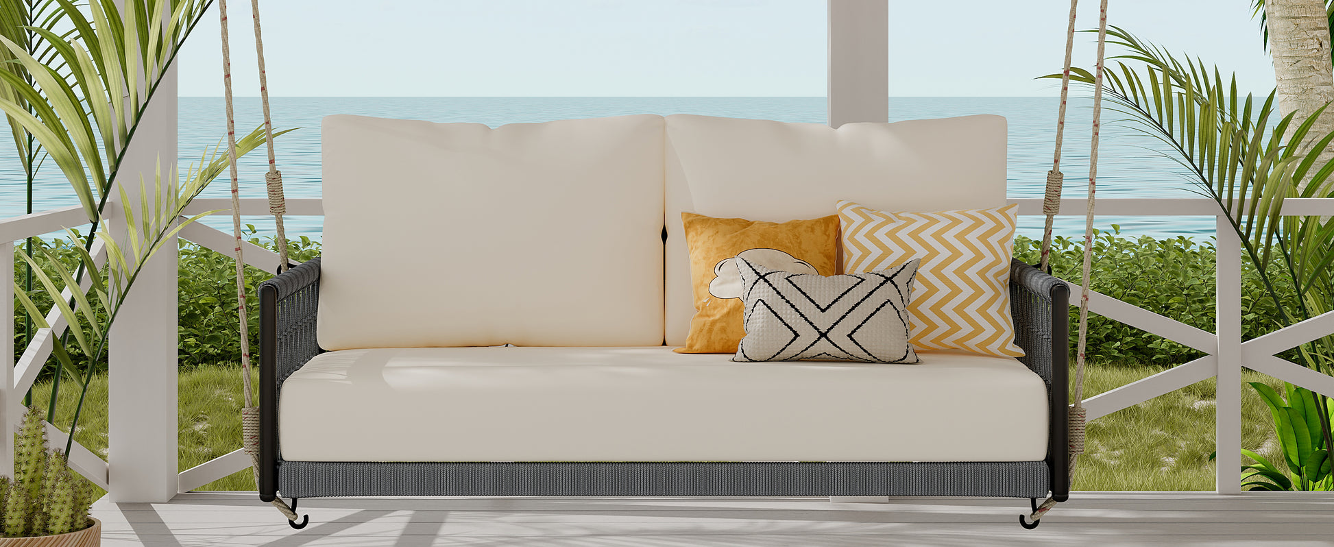 TREXM 1-Piece Woven Rope Outdoor Swing Sofa with Soft Cushions Seating 2 for Patio, Courtyard and Balcony (Beige) image 4