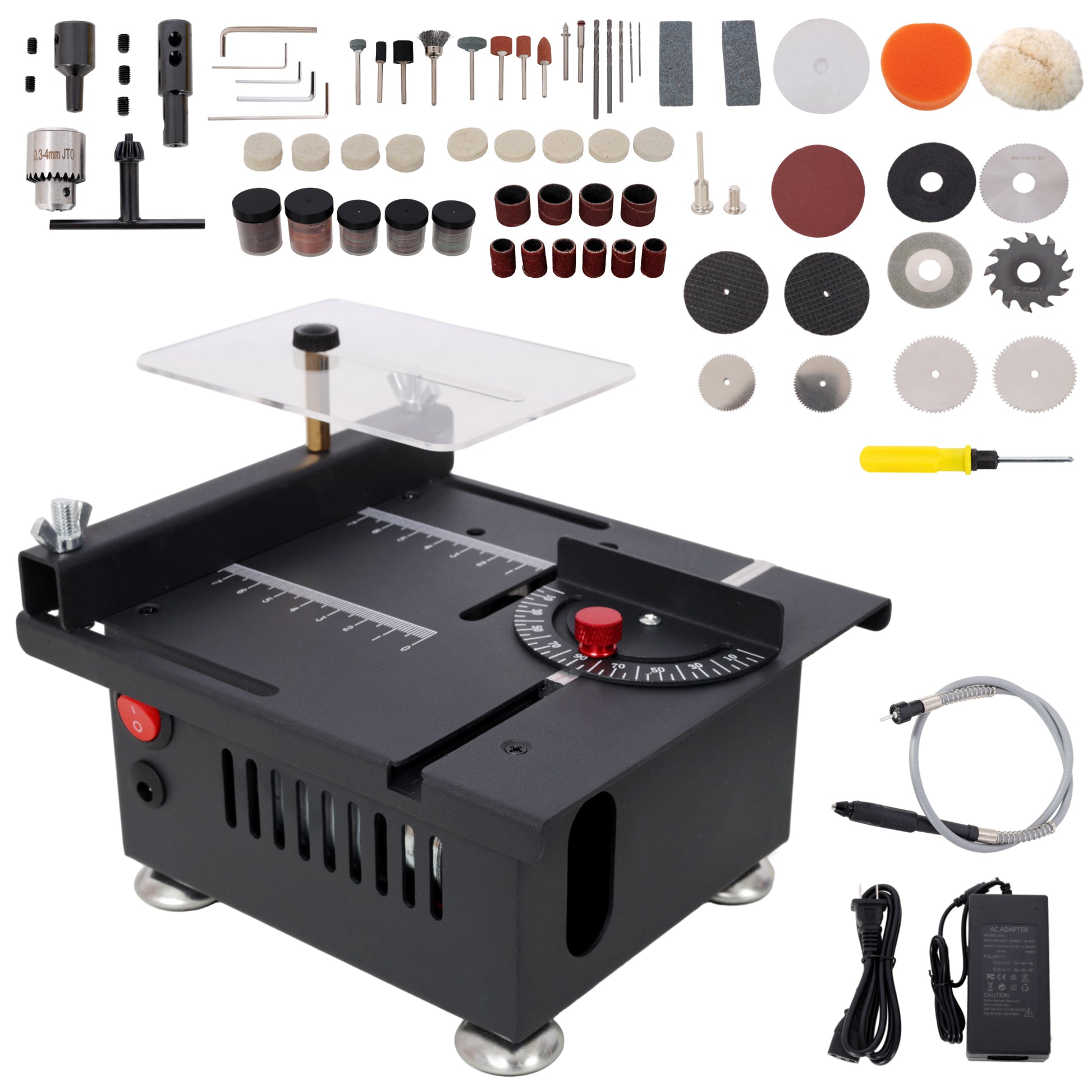 100W Multi-Functional Table Saw Mini Desktop Electric Saw Cutter Speed & Angle Adjustable 16MM Cutting Depth with Blade Flexible Shaft and More Accessories for Wood Plastic Acrylic Cutting image 1