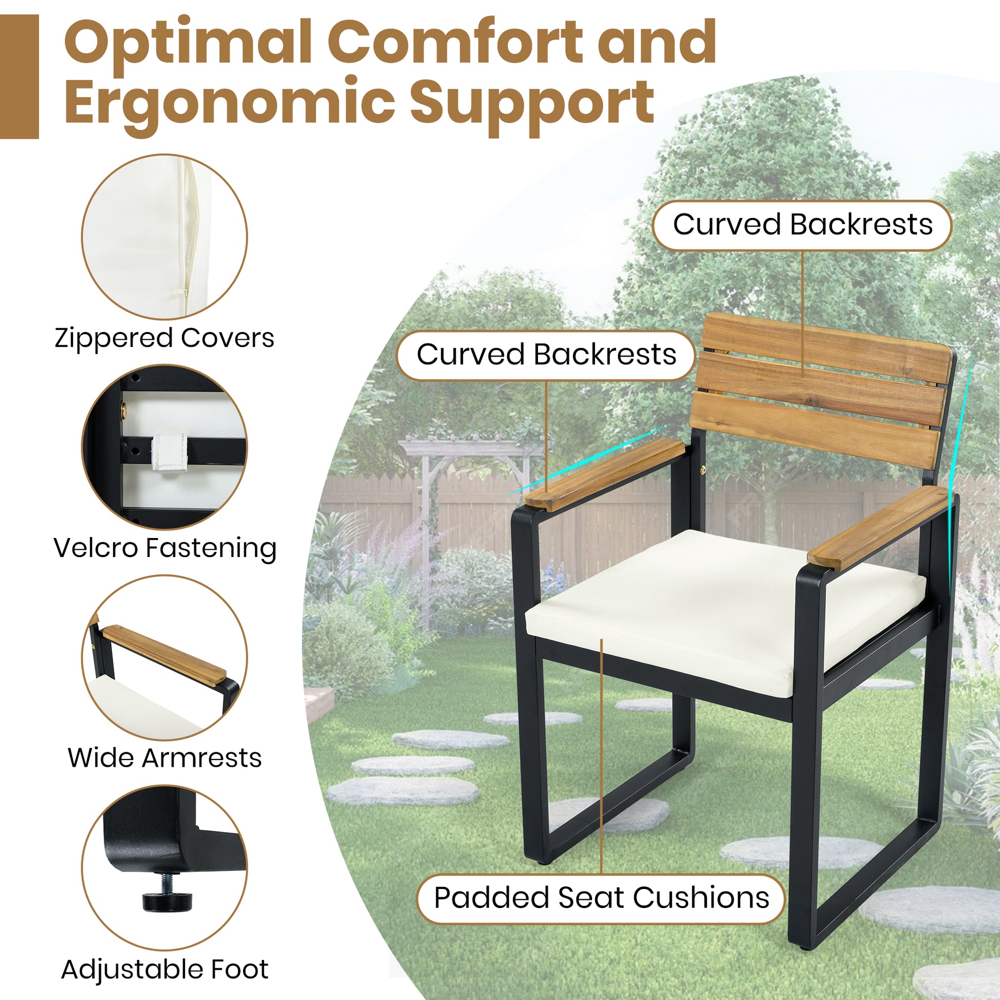 6-Piece Outdoor Dining Set, Acacia Wood, 1 Table with 4 Chairs & 1 Bench for 6-7 Person, Comfortable Cushions on Chairs, Adjustable Feet, for Patio, Garden, Backyard Dining, Beige Cushion image 5