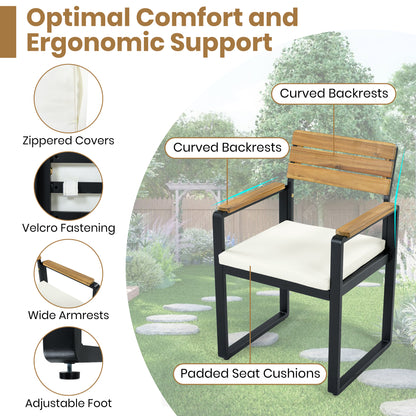 6-Piece Outdoor Dining Set, Acacia Wood, 1 Table with 4 Chairs & 1 Bench for 6-7 Person, Comfortable Cushions on Chairs, Adjustable Feet, for Patio, Garden, Backyard Dining, Beige Cushion image 5