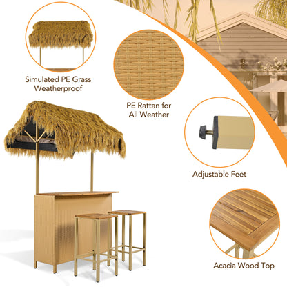 GO Hawaiian-style Bar Height Patio Set with PE Grass Canopy, Outdoor Bar Table and Stools with Adjustable Feet, Acacia Wood Top, for Dining and Drinking, Natural image 6