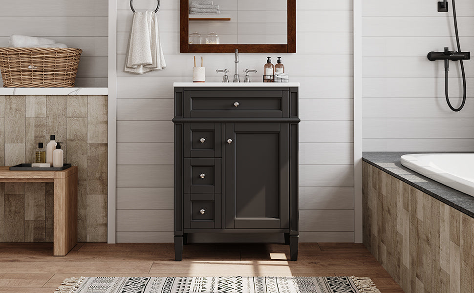 24'' Bathroom Vanity with Top Sink, Modern Bathroom Storage Cabinet with 2 Drawers and a Tip-out Drawer, Single Sink Bathroom Vanity image 11