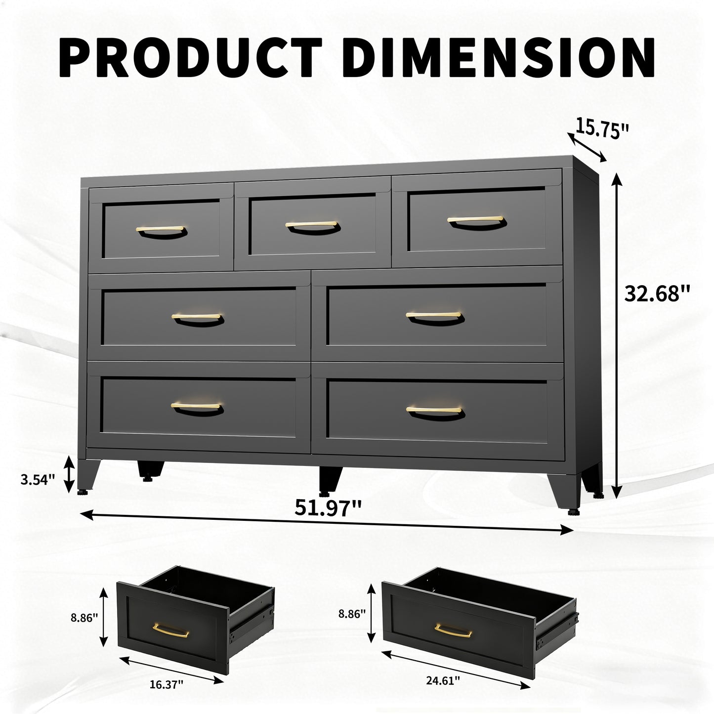 7-Drawer Dresser, Wide Low-Profile Storage Cabinet, Black Metal Chest of Drawers for Bedroom, Living Room & Entryway image 2