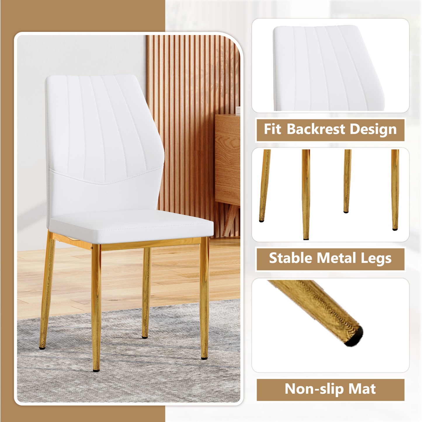 Set of 4 Gold - and - White Dining Chairs, 37 inches High: Ergonomic PU Backrest, Combines Comfort and Style.Perfectly blends comfort and elegance, Injecting more comfort and style into dining time. image 5