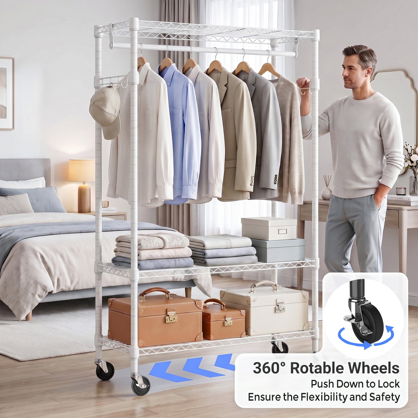 Heavy Duty Rolling Garment Rack 3 Tiers Adjustable Wire Shelving Clothes Rack with Rods and Side Hooks,Storage Closet Clothing Rack with Wheels White 15.7" D x 29.5" W x 74.5" H image 3