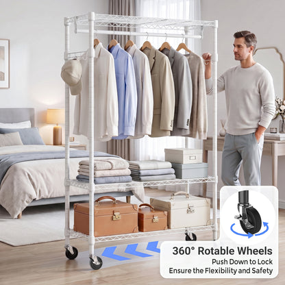 Heavy Duty Rolling Garment Rack 3 Tiers Adjustable Wire Shelving Clothes Rack with Rods and Side Hooks,Storage Closet Clothing Rack with Wheels White 15.7" D x 29.5" W x 74.5" H image 3