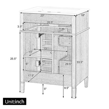 24" Bathroom Vanity with Sink, Wood Vanity Cabinet with Flip-Out Drawer, 2 Soft-Close Drawers, 1 Soft-Close Door, Solid Wood & MDF, Elegant Wood Handles image 11