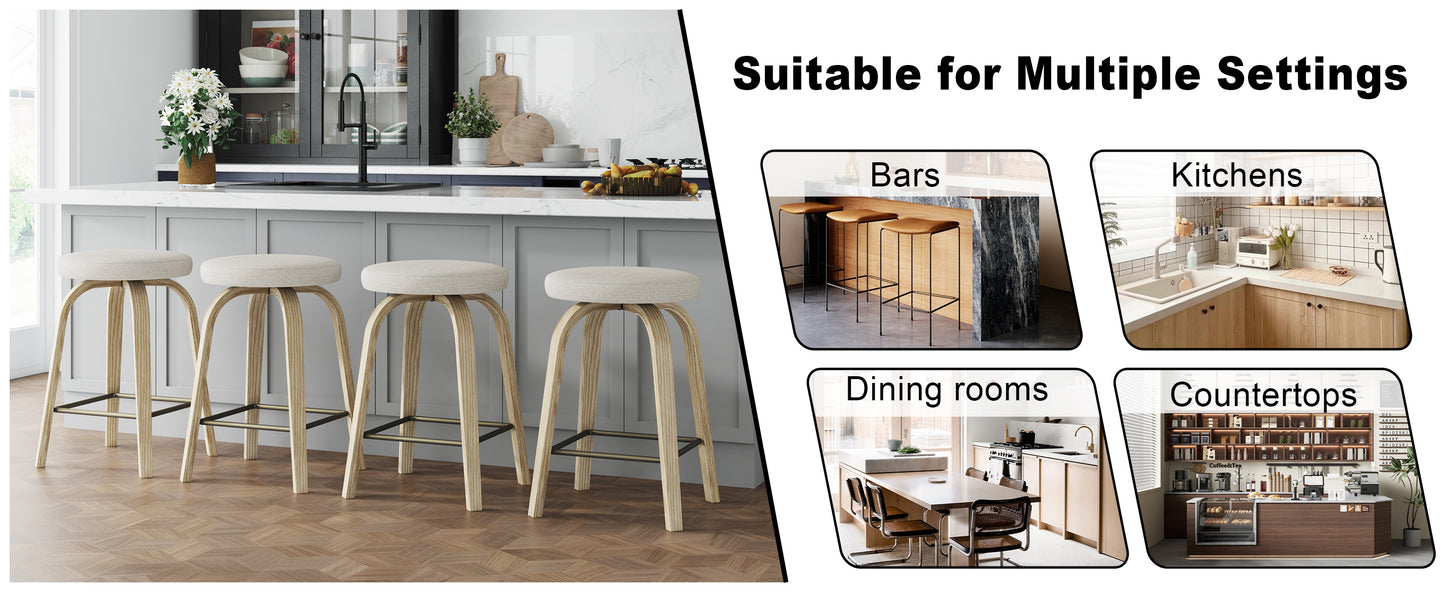 Swivel Bar Stools Set of 2, Counter Height Backless 26″ Bar Stool, Fabric Upholstered Seat, Sturdy Wood Legs and Metal Footrest, Mid-Century Modern Island Stools for Home Bars, Restaurants, Beige image 9