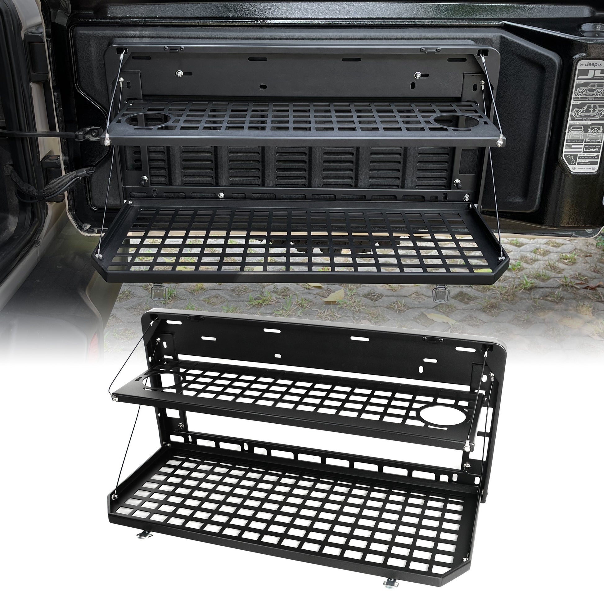 2-Tier Tailgate Table Rear Foldable Storage Cargo Rack Outdoor Camping Desk for 2007-2026 Jeep Wrangler JK&JL 4 Door (Not Fit JK Models with Stock Subwoofer) image 1