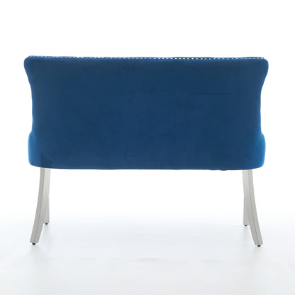 Velvet Double Dining Loveseat Bench, Kitchen & Dining Seating, 2-Seat Tufted Bench w/Handmade Buttons, Wing Back, Brushed Silver Stainless Steel Legs, Mid Century Modern,Single Pack,Blue,SW1702BL image 7