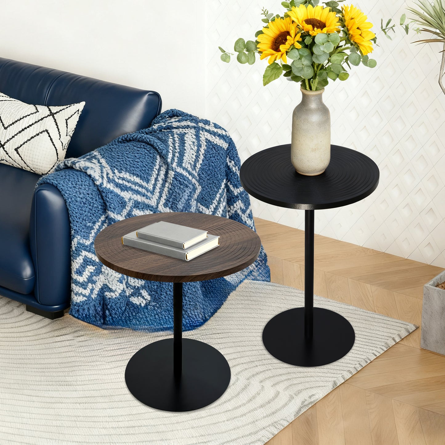 Set of 2 Small Round Side Table Wooden Concentric Circles Coffee Table for Two Metal Pedestal Nightstand for Corner Small Space (Walnut Brown & Black) image 2