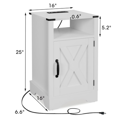 Farmhouse Nightstand with Charging Station Wooden Rustic End Table for Bedroom, Living Room, 16" D x 16" W x 25" H(Set of 1), White image 2