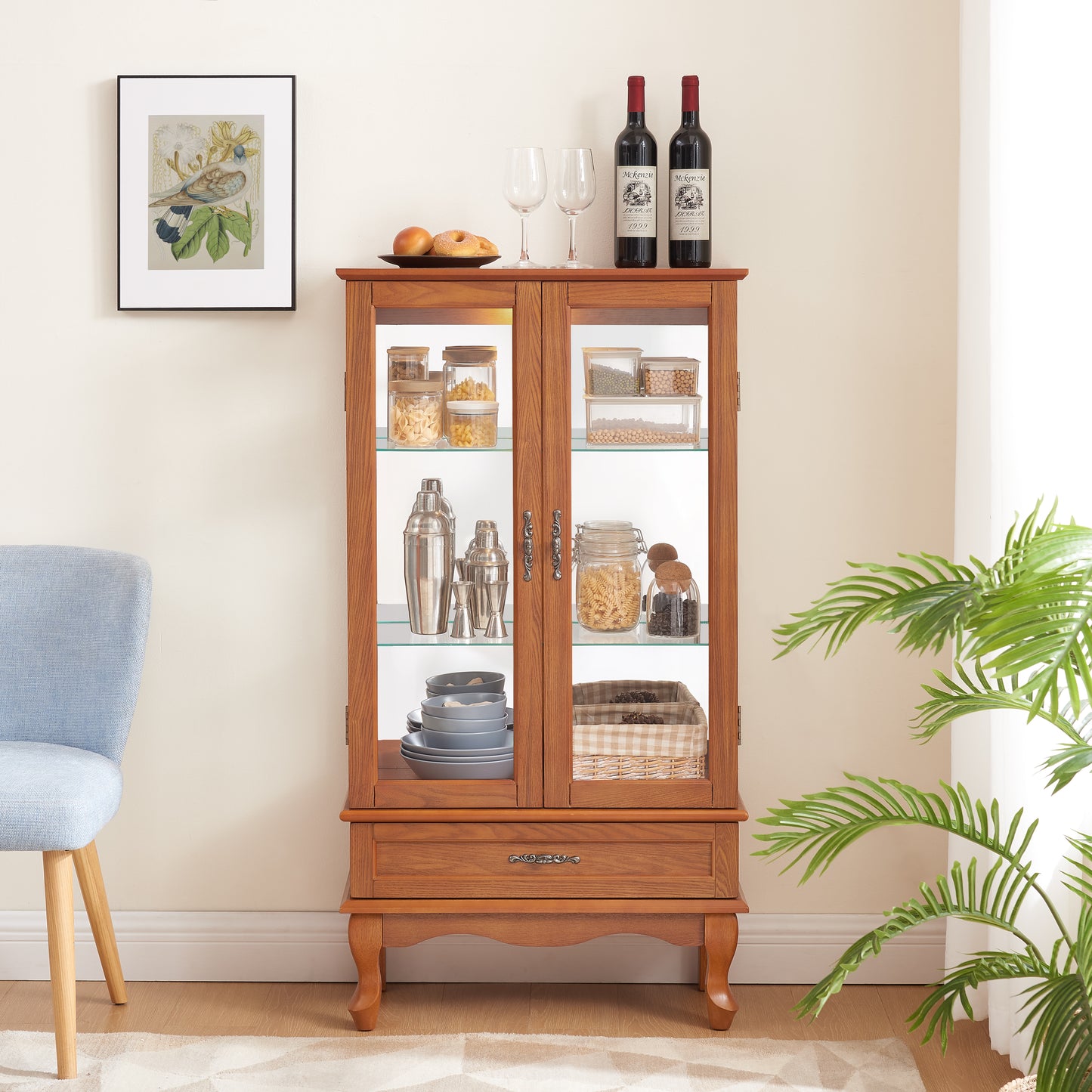 Lighted Glass Cabinet Glass Wine Cabinet Curio Display Cabinet with Adjustable Glass Shelves 2 Doors and 1 drawer Cabinet Bulb Included OAK image 4