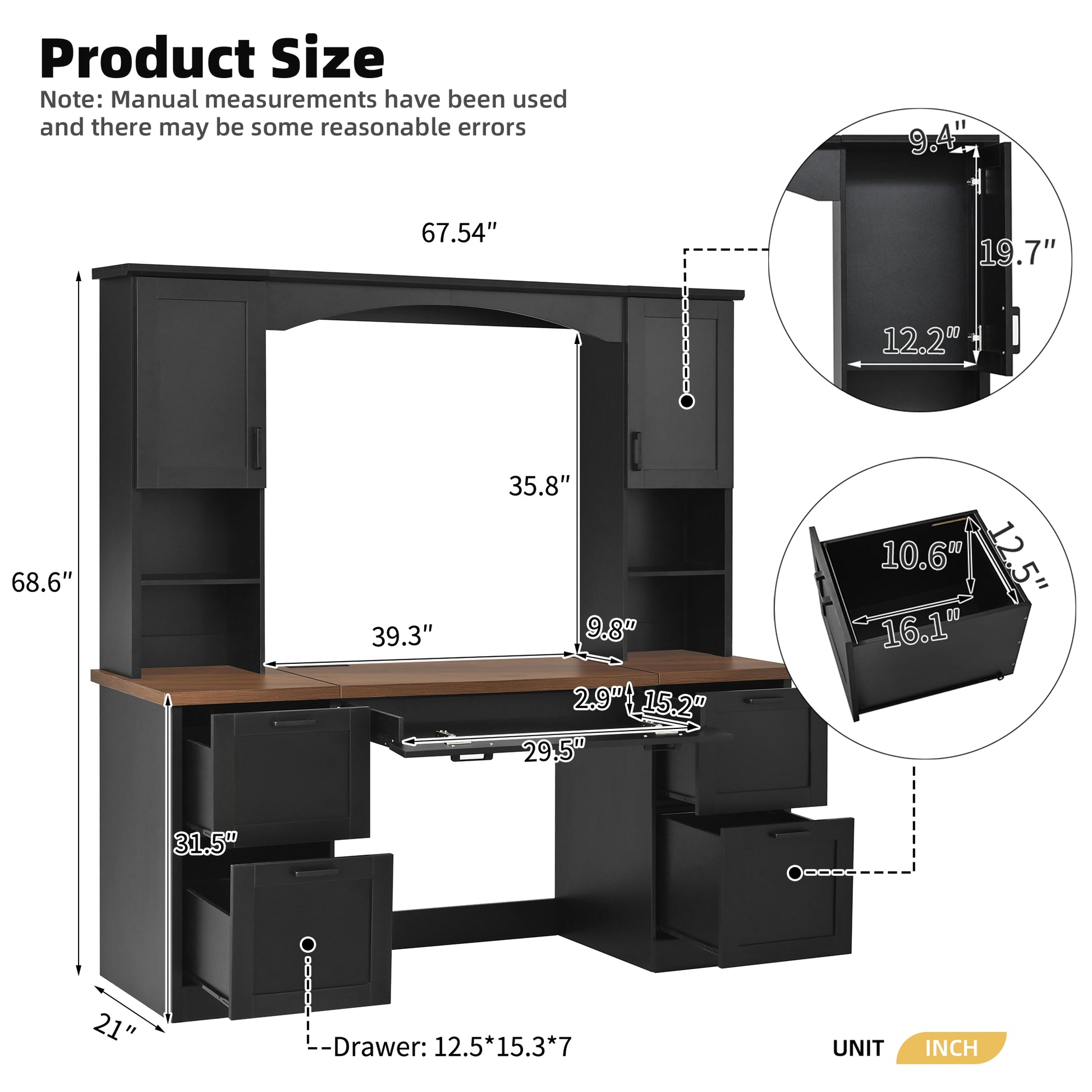 ON-TREND Farmhouse Arched Computer Desk with Hutch, Mid-Century Walnut Home Office Workstation with Charging Station & Keyboard Tray, All-in-One Writing Desk with File Drawer for Study, Office, Black image 7
