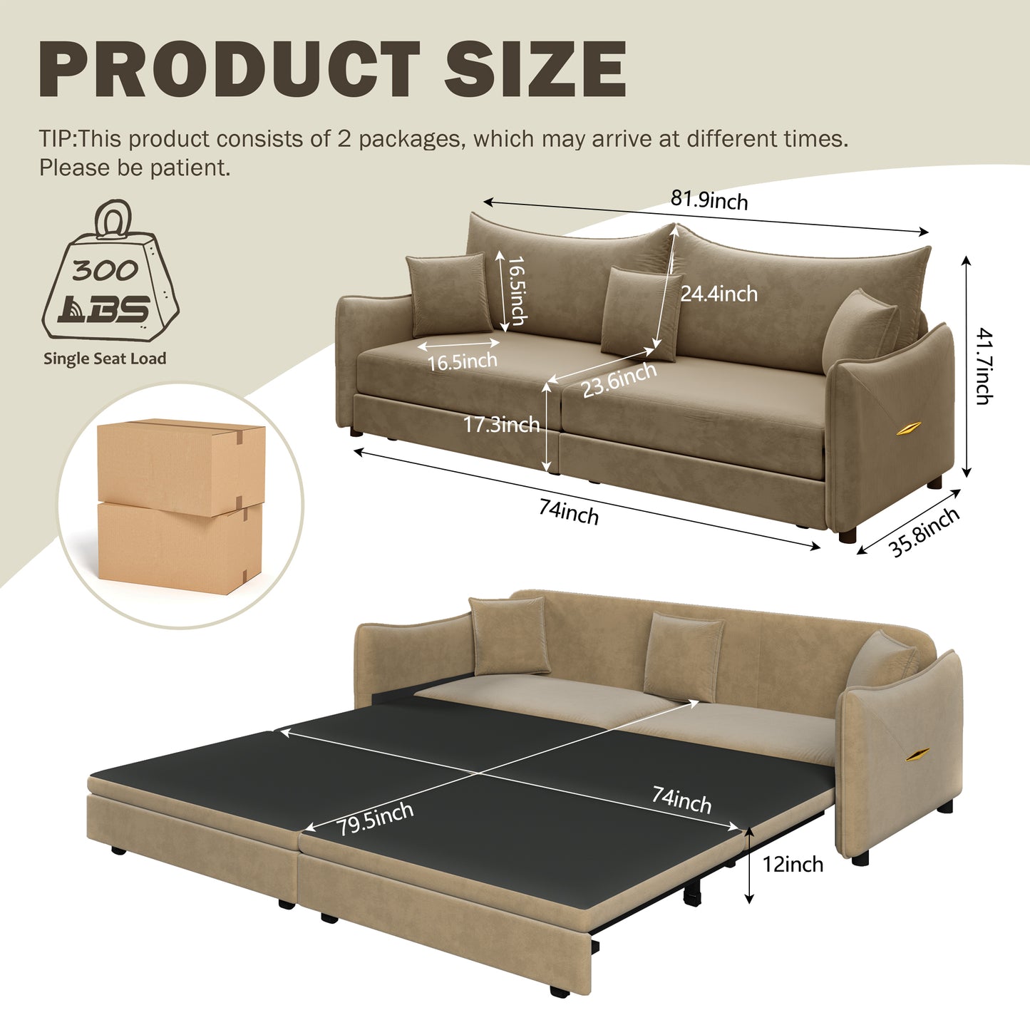 81.9" King Pull Out Sofa Bed,3-in-1 Convertible Sofa Bed with 3 Pillows & Golden Accent Detail Design, Modern Velvet 3-Seater Couch,for Small Space,Living Room,Apartment,Camel image 7