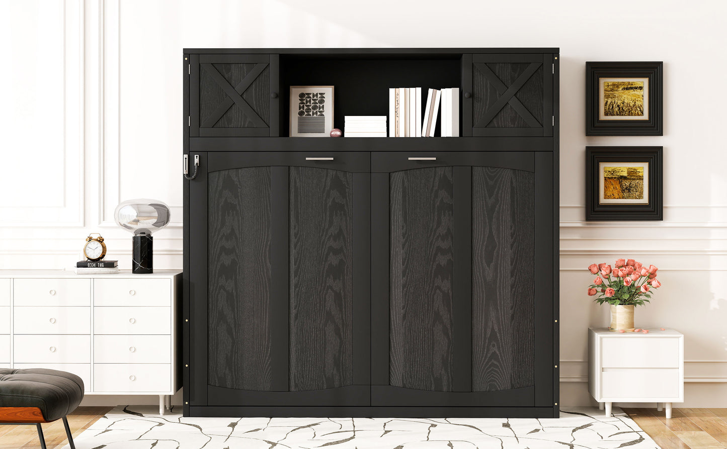 Full Size Murphy Bed with Storage Cabinets, Black image 6
