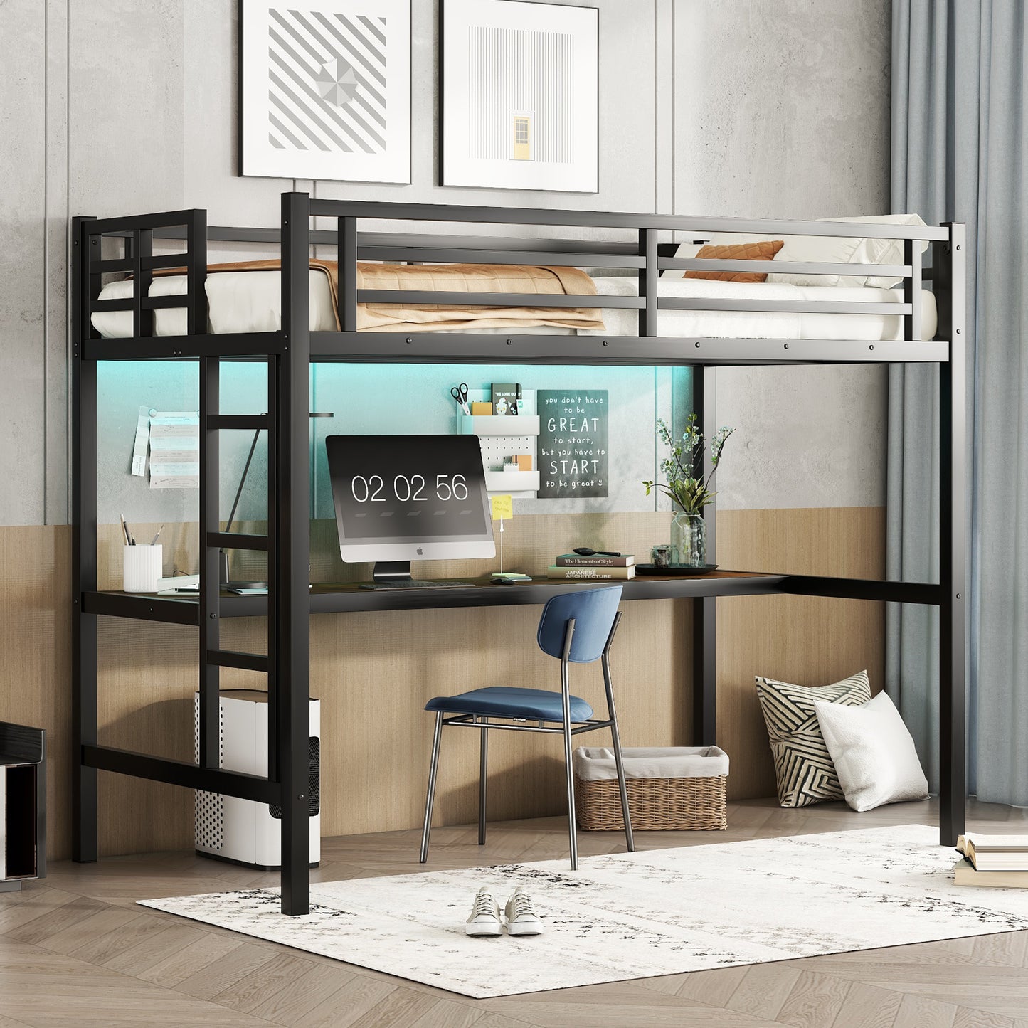 Metal Twin XL Size Loft Bed with Power Outlet and LED Lighted, Space-Saving, Noise Reduced, Black image 3