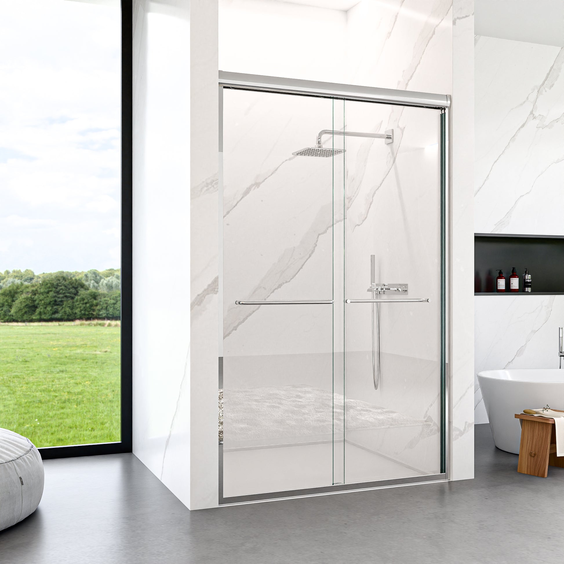 44"-48"W*72" H Semi-Frameless Double Sliding Shower Door, Bypass Shower Door, 1/4" (6mm) Thick SGCC Tempered Glass Door, Chrome image 2