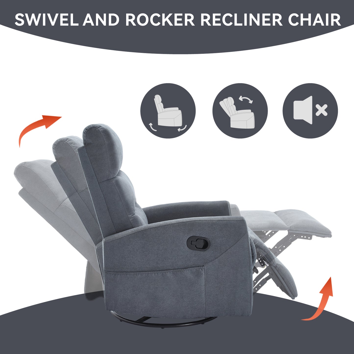 Manual Recliner Chair with Rocker and Swivel in Fabric for Living Room, Grey image 6