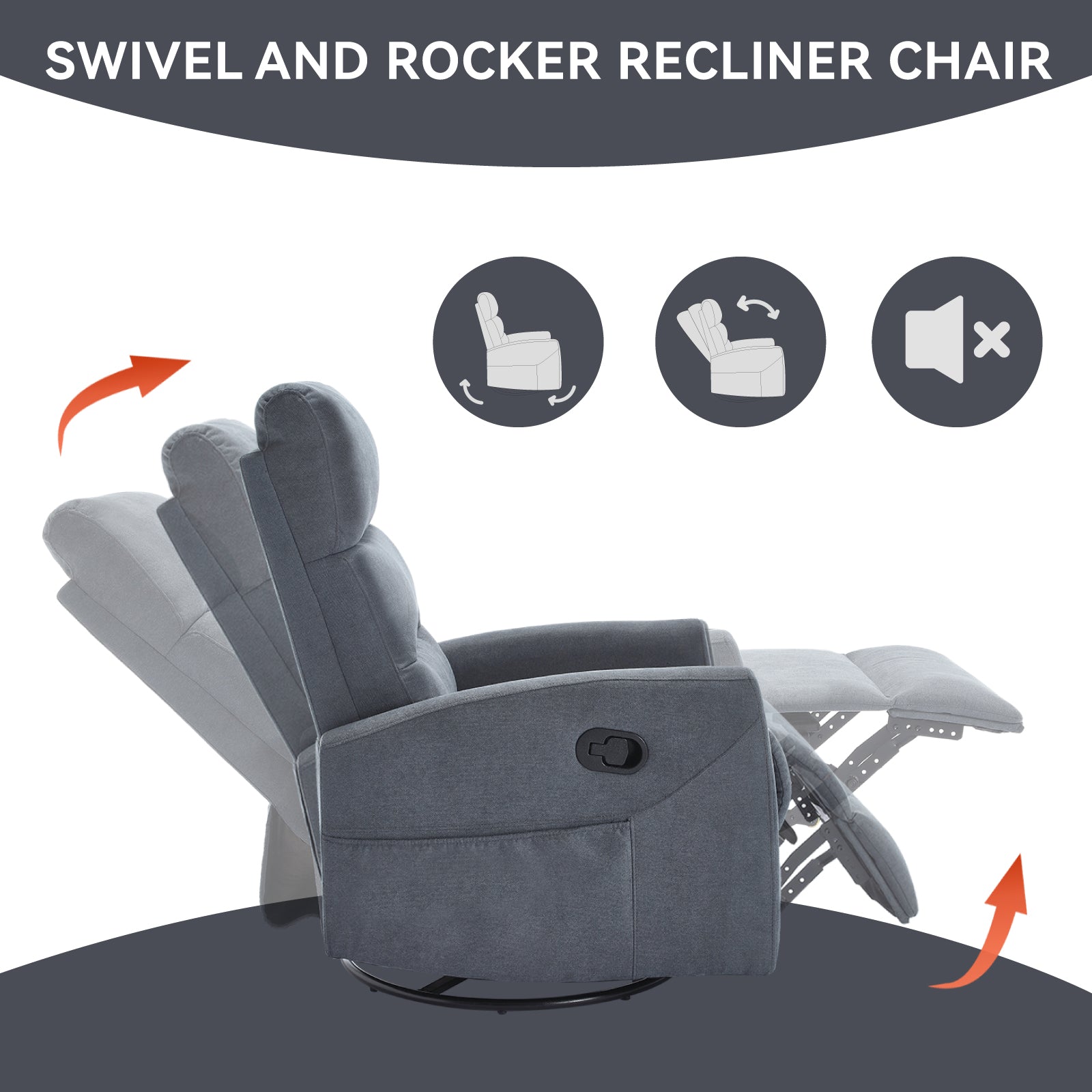 Manual Recliner Chair with Rocker and Swivel in Fabric for Living Room, Grey image 6