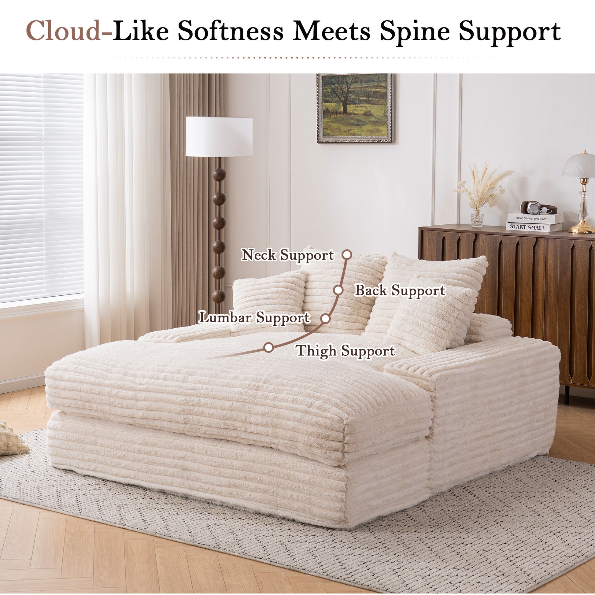 028-Oversized chaise Lounge chair, Upholstered Sleeper Sofa Bed with 4 Throw Pillows and Armrests, Corduroy Fabric Plush Lounge Chair Bed for Living Room, Apartment & Small Spaces, Beige image 8