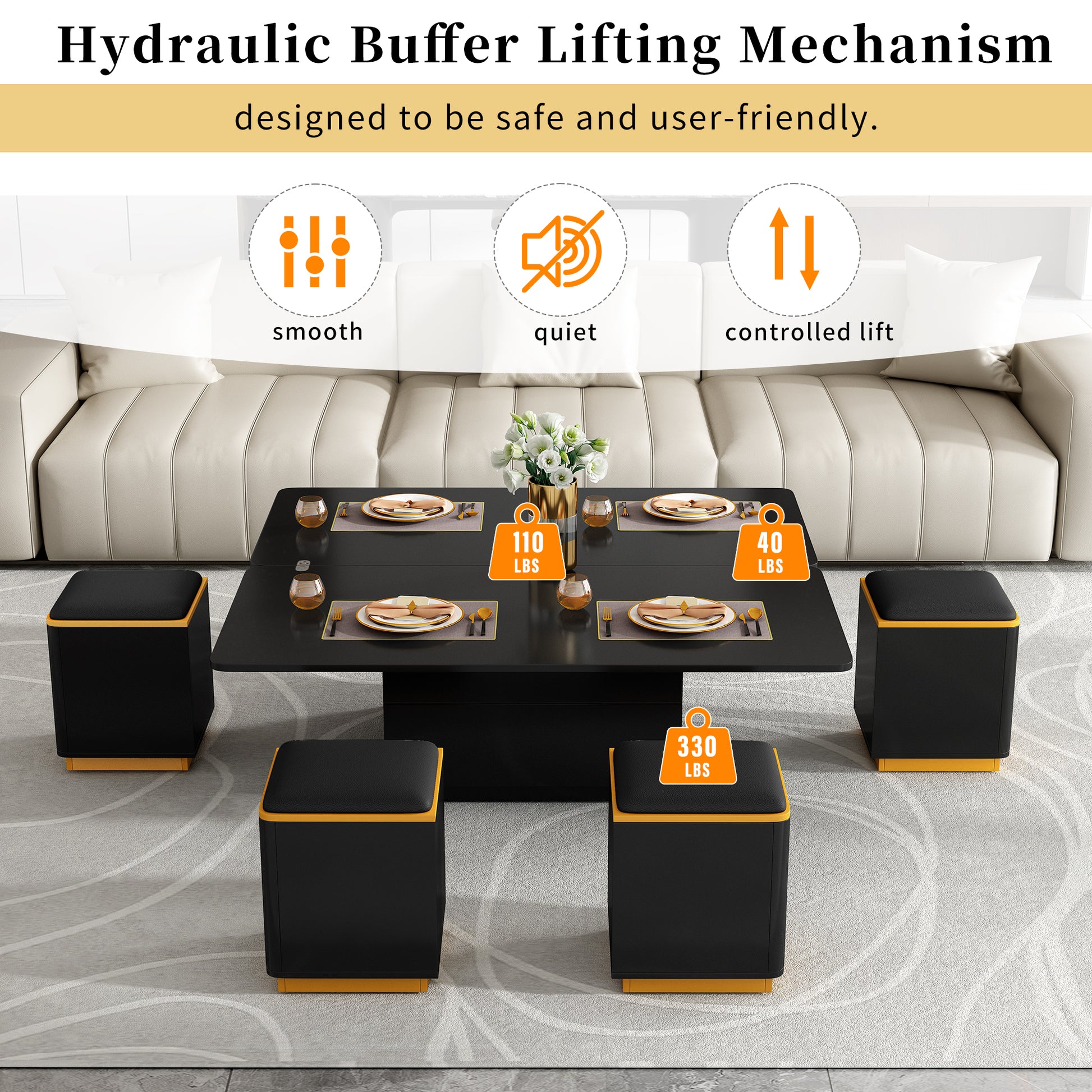 [Video Provided]VIBE HAUS Lift-Top Coffee Table with Storage Stools, Modern Center Table with Foldable Top, Multi-Functional Adjustable Coffee Table for Living Room(OLD SKU:N724P292506B) image 9